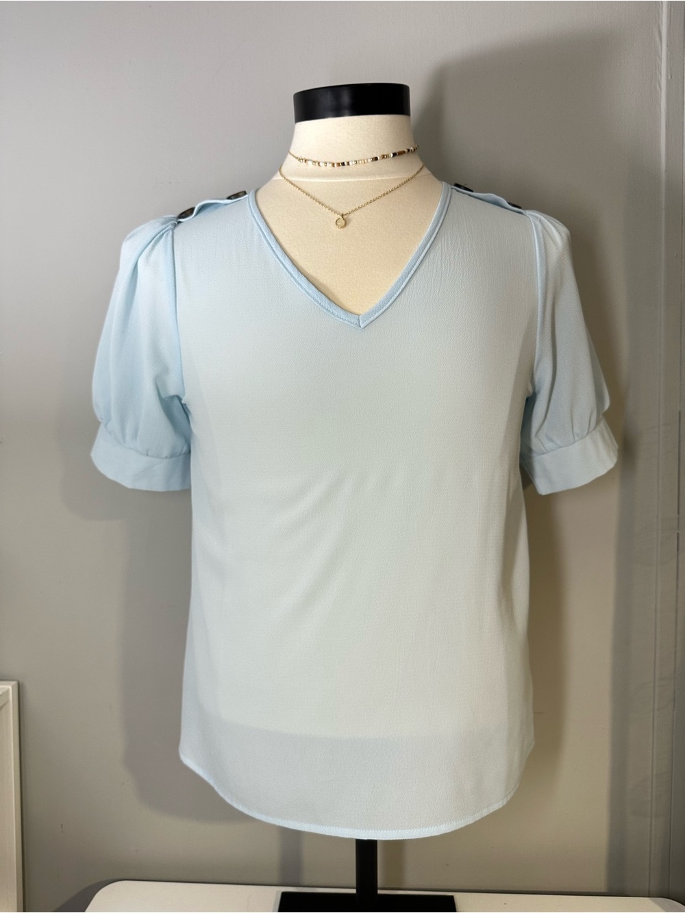 Light Blue V-Neck Puff Sleeve Top